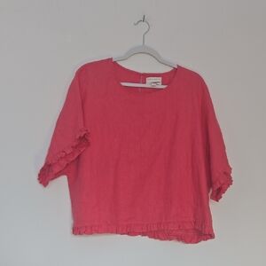 Cynthia Rowley 100% linen pink boxy ruffle sleeve shot sleeve blouse Spring XL